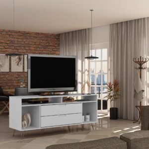 Manhattan Comfort Rockefeller 62.99 TV Stand with Metal Legs and 2 Drawers in White