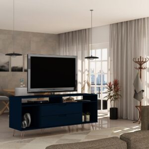 Manhattan Comfort Rockefeller 62.99 TV Stand with Metal Legs and 2 Drawers in Tatiana Midnight Blue