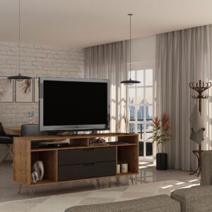 Manhattan Comfort Rockefeller 62.99 TV Stand with Metal Legs and 2 Drawers in Nature and Textured Grey