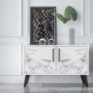 Manhattan Comfort Mid-Century- Modern Amsterdam Double Side Table 2.0 with 3 Shelves in White Marble