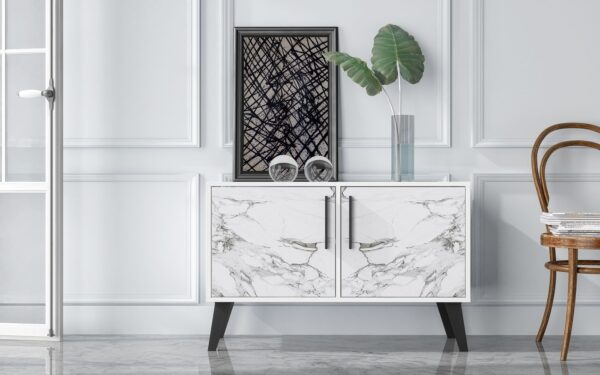 Manhattan Comfort Mid-Century- Modern Amsterdam Double Side Table 2.0 with 3 Shelves in White Marble