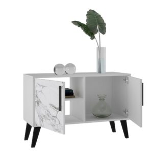 Manhattan Comfort Mid-Century- Modern Amsterdam Double Side Table 2.0 with 3 Shelves in White Marble