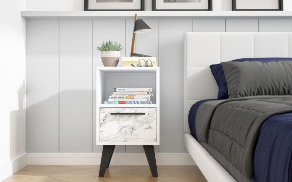 Manhattan Comfort Mid-Century- Modern Amsterdam Nightstand 1.0 with 1 Shelf in White Marble