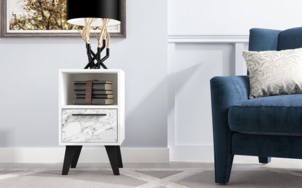 Manhattan Comfort Mid-Century- Modern Amsterdam Nightstand 1.0 with 1 Shelf in White Marble