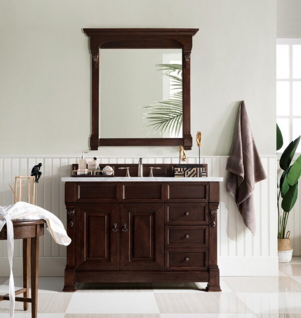 James Martin 147-114-5266-3CAR Brookfield 48 Inch Burnished Mahogany Single Vanity with Drawers with 3 cm Carrara Marble Top