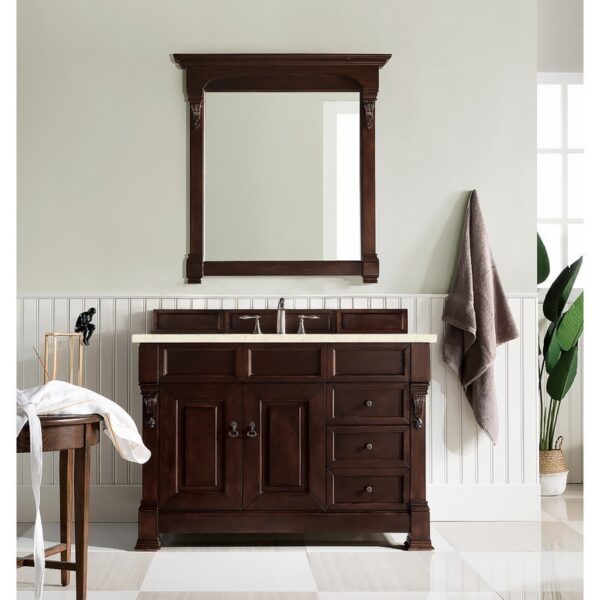 James Martin 147-114-5266-3EMR Brookfield 48 Inch Burnished Mahogany Single Vanity with 3 CM Eternal Marfil Quartz Top