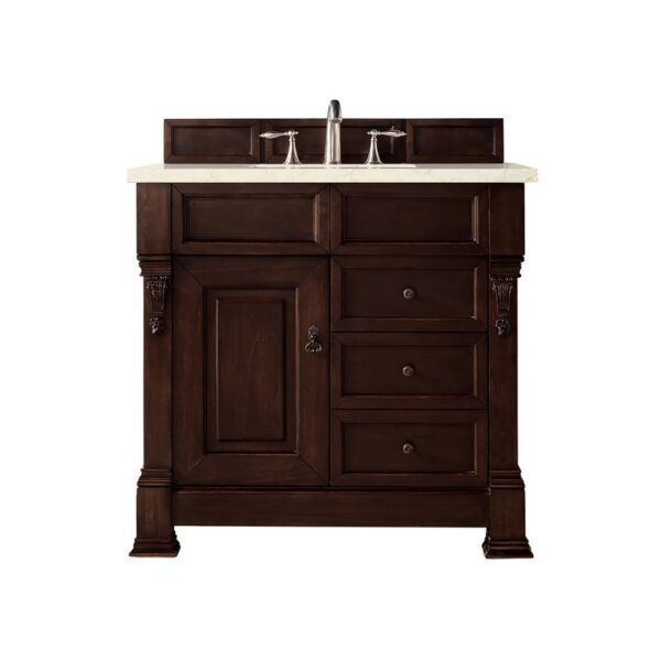 James Martin 147-114-5566-3EMR Brookfield 36 Inch Burnished Mahogany Single Vanity with 3 CM Eternal Marfil Quartz Top