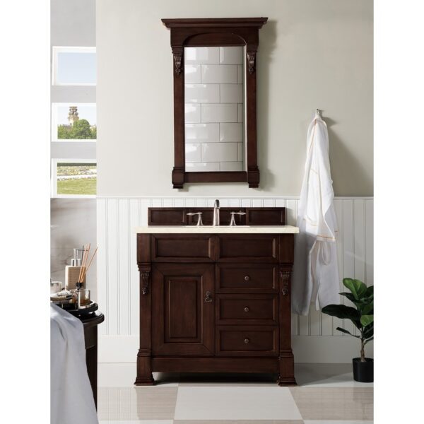 James Martin 147-114-5566-3EMR Brookfield 36 Inch Burnished Mahogany Single Vanity with 3 CM Eternal Marfil Quartz Top