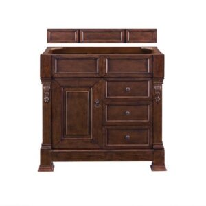 James Martin 147-114-5586-3AF Brookfield 36 Inch Warm Cherry Single Vanity with Drawers with 3 cm Arctic Fall Solid Surface Top