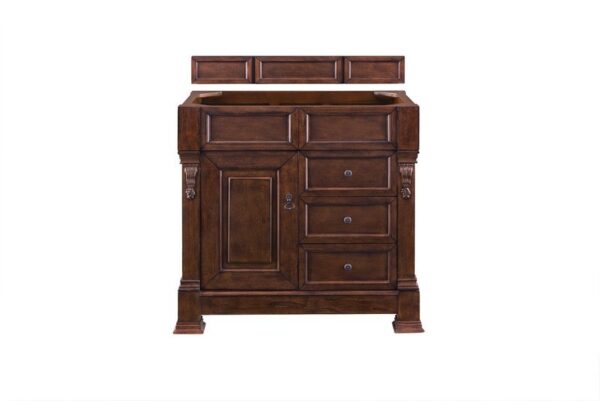 James Martin 147-114-5586-3AF Brookfield 36 Inch Warm Cherry Single Vanity with Drawers with 3 cm Arctic Fall Solid Surface Top