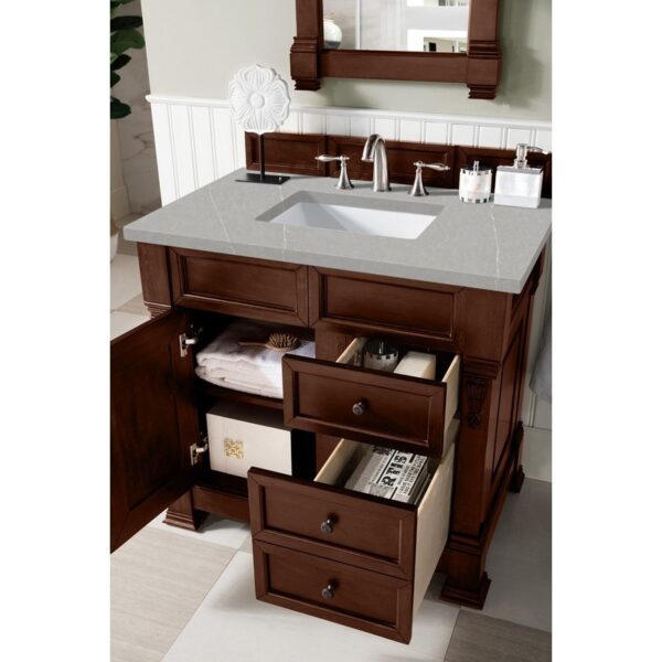 James Martin 147-114-5586-3ESR Brookfield 36 Inch Warm Cherry Single Vanity with 3 CM Eternal Serena Quartz Top