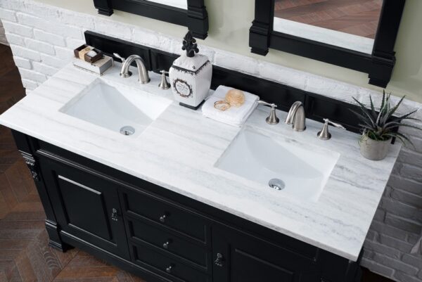 James Martin 147-114-5631-3AF Brookfield 60 Inch Antique Black Double Vanity with 3 cm Arctic Fall Solid Surface Top