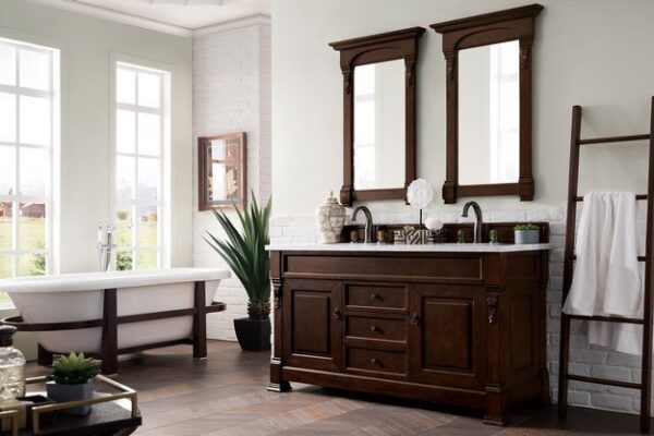 James Martin 147-114-5661-3AF Brookfield 60 Inch Burnished Mahogany Double Vanity with 3 cm Arctic Fall Solid Surface Top