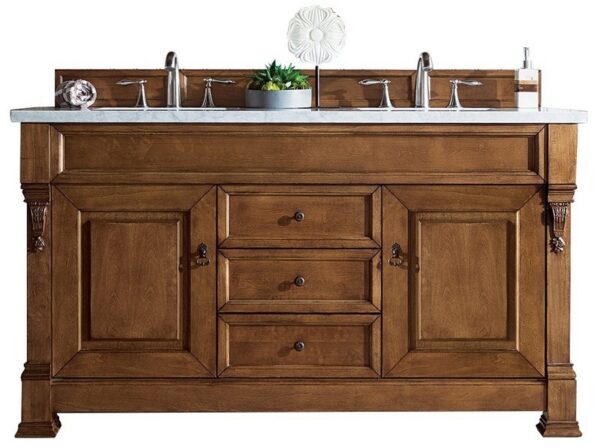 James Martin 147-114-5671-3EJP Brookfield 60 Inch Country Oak Double Vanity with 3 cm Eternal Jasmine Pearl Quartz Top with Sink