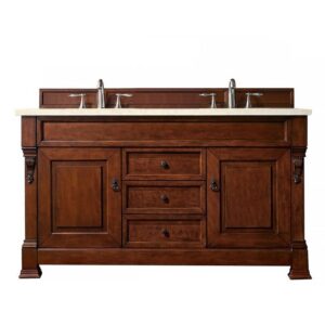 James Martin 147-114-5681-3EMR Brookfield 60 Inch Warm Cherry Double Vanity with 3 CM Eternal Marfil Quartz Top