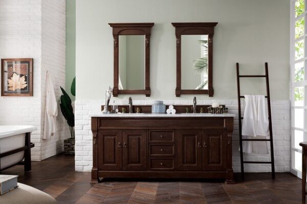 James Martin 147-114-5761-3AF Brookfield 72 Inch Burnished Mahogany Double Vanity with 3 cm Arctic Fall Solid Surface Top