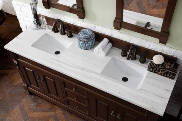 James Martin 147-114-5761-3AF Brookfield 72 Inch Burnished Mahogany Double Vanity with 3 cm Arctic Fall Solid Surface Top