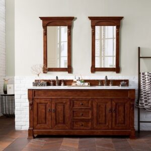 James Martin 147-114-5781-3CAR Brookfield 72 Inch Warm Cherry Double Vanity with 3 cm Carrara MarbleTop