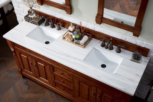 James Martin 147-114-5781-3AF Brookfield 72 Inch Warm Cherry Double Vanity with 3 cm Arctic Fall Solid Surface Top