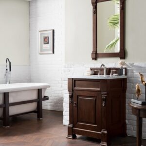 James Martin 147-114-V26-BNM-3CAR Brookfield 26 Inch Burnished Mahogany Single Vanity with 3 cm Carrara Marble Top