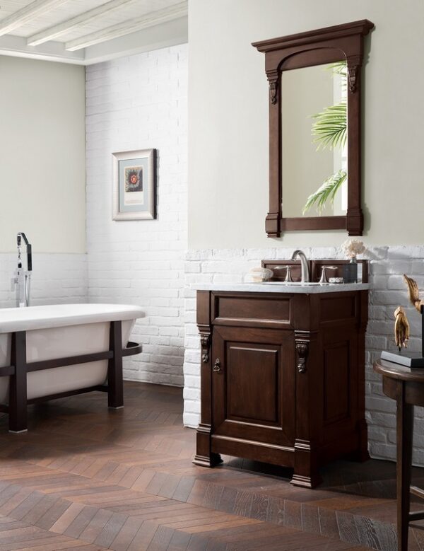 James Martin 147-114-V26-BNM-3CAR Brookfield 26 Inch Burnished Mahogany Single Vanity with 3 cm Carrara Marble Top