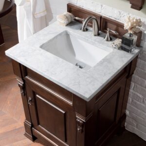 James Martin 147-114-V26-BNM-3CAR Brookfield 26 Inch Burnished Mahogany Single Vanity with 3 cm Carrara Marble Top