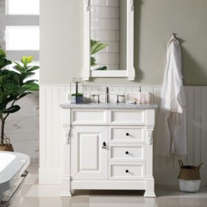 James Martin 147-V36-BW-3CAR Brookfield 36 Inch Bright White Single Vanity with Drawers with 3 cm Carrara Marble Top