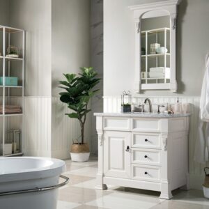 James Martin 147-V36-BW-3CAR Brookfield 36 Inch Bright White Single Vanity with Drawers with 3 cm Carrara Marble Top