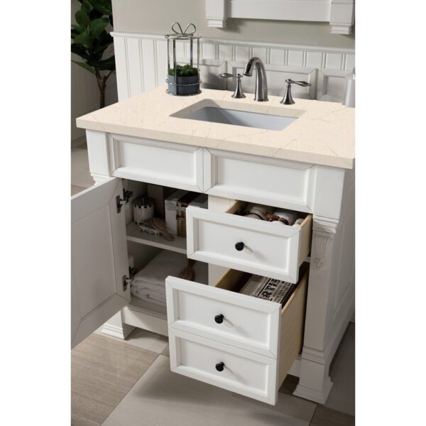 James Martin 147-V36-BW-3EMR Brookfield 36 Inch Bright White Single Vanity with 3 CM Eternal Marfil Quartz Top