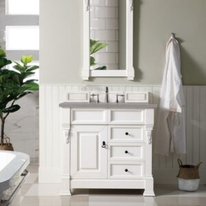 James Martin 147-V36-BW-3GEX Brookfield 36 Inch Bright White Single Vanity with Drawers with 3 cm Grey Expo Quartz Top with Sink