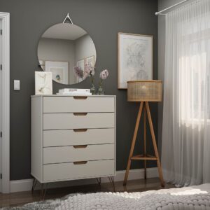 Manhattan Comfort Rockefeller 5-Drawer Tall Dresser with Metal Legs in Off White and Nature