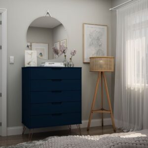 Manhattan Comfort Rockefeller 5-Drawer Tall Dresser with Metal Legs in Tatiana Midnight Blue