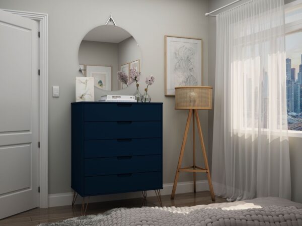 Manhattan Comfort Rockefeller 5-Drawer Tall Dresser with Metal Legs in Tatiana Midnight Blue