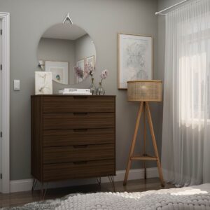 Manhattan Comfort Rockefeller 5-Drawer Tall Dresser with Metal Legs in Brown