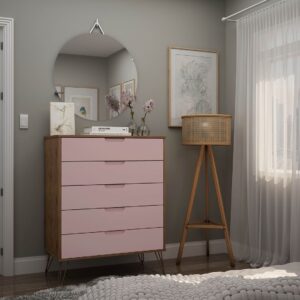 Manhattan Comfort Rockefeller 5-Drawer Tall Dresser with Metal Legs in Nature and Rose Pink