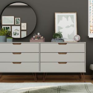 Manhattan Comfort Rockefeller 6-Drawer Double Low Dresser with Metal Legs in Off White and Nature