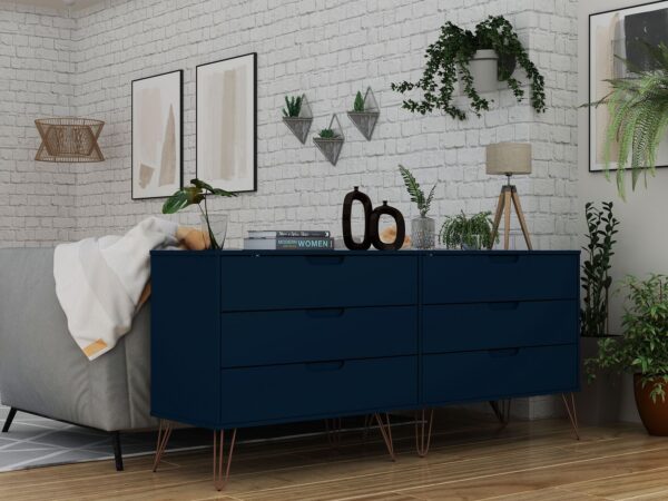 Manhattan Comfort Rockefeller 6-Drawer Double Low Dresser with Metal Legs in Tatiana Midnight Blue