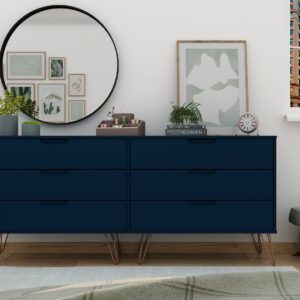 Manhattan Comfort Rockefeller 6-Drawer Double Low Dresser with Metal Legs in Tatiana Midnight Blue