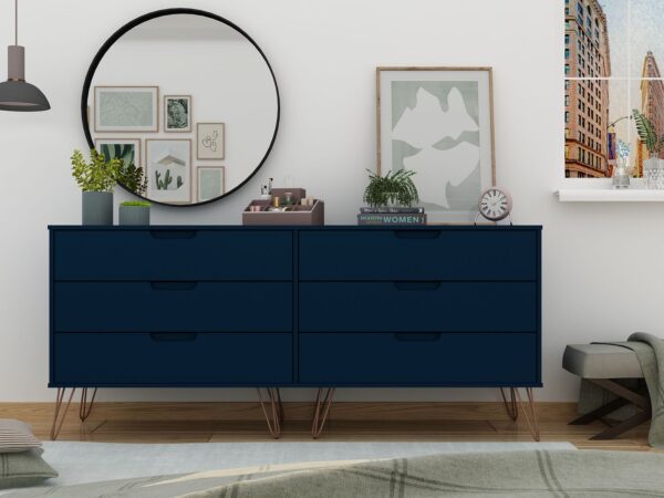 Manhattan Comfort Rockefeller 6-Drawer Double Low Dresser with Metal Legs in Tatiana Midnight Blue