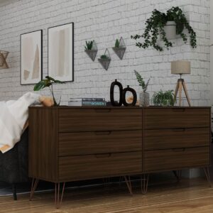 Manhattan Comfort Rockefeller 6-Drawer Double Low Dresser with Metal Legs in Brown