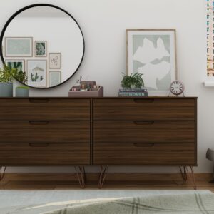 Manhattan Comfort Rockefeller 6-Drawer Double Low Dresser with Metal Legs in Brown