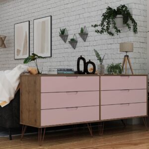 Manhattan Comfort Rockefeller 6-Drawer Double Low Dresser with Metal Legs in Native and Rose Pink