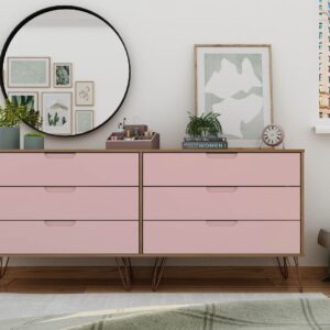 Manhattan Comfort Rockefeller 6-Drawer Double Low Dresser with Metal Legs in Native and Rose Pink