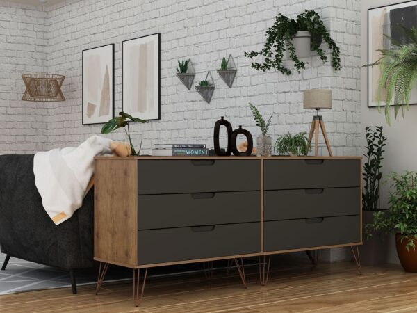 Manhattan Comfort Rockefeller 6-Drawer Double Low Dresser with Metal Legs in Nature and Textured Grey