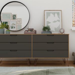 Manhattan Comfort Rockefeller 6-Drawer Double Low Dresser with Metal Legs in Nature and Textured Grey