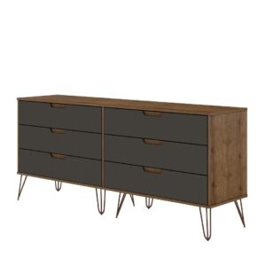 Manhattan Comfort Rockefeller 6-Drawer Double Low Dresser with Metal Legs in Nature and Textured Grey