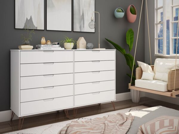 Manhattan Comfort Rockefeller 10-Drawer Double Tall Dresser with Metal Legs in White