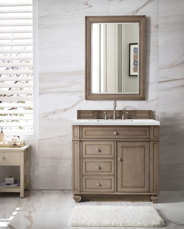 James Martin 157-V36-WW-3ENC Bristol 36 Inch Single Vanity Cabinet with Ethereal Noctis Quartz Top - Whitewashed Walnut