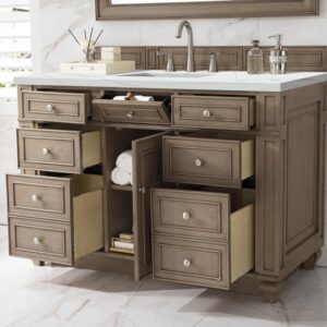 James Martin 157-V48-WW-3ENC Bristol 48 Inch Single Vanity Cabinet with Ethereal Noctis Quartz Top - Whitewashed Walnut