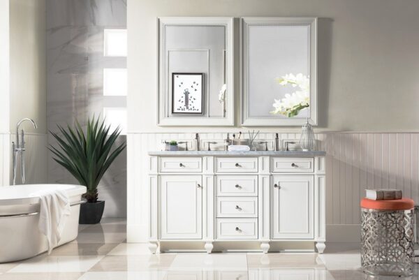 James Martin 157-V60D-BW-3CAR Bristol 60 Inch Double Vanity in Bright White with 3 cm Carrara Marble Top